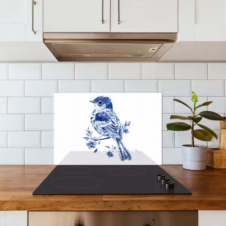 Spatscherm keuken - Vogel - Delfts blauw - Illustratie - Bloemen — 6