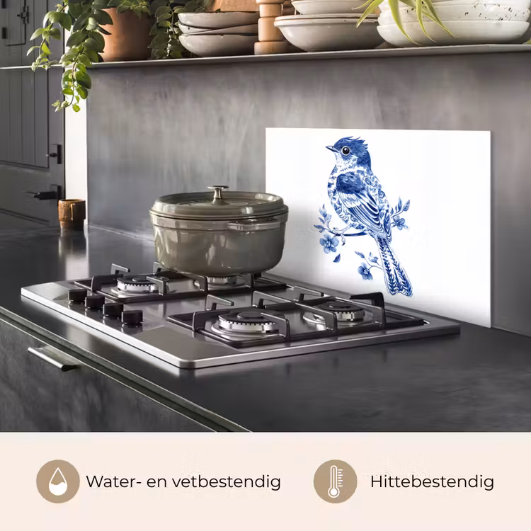 Spatscherm keuken - Vogel - Delfts blauw - Illustratie - Bloemen — 7