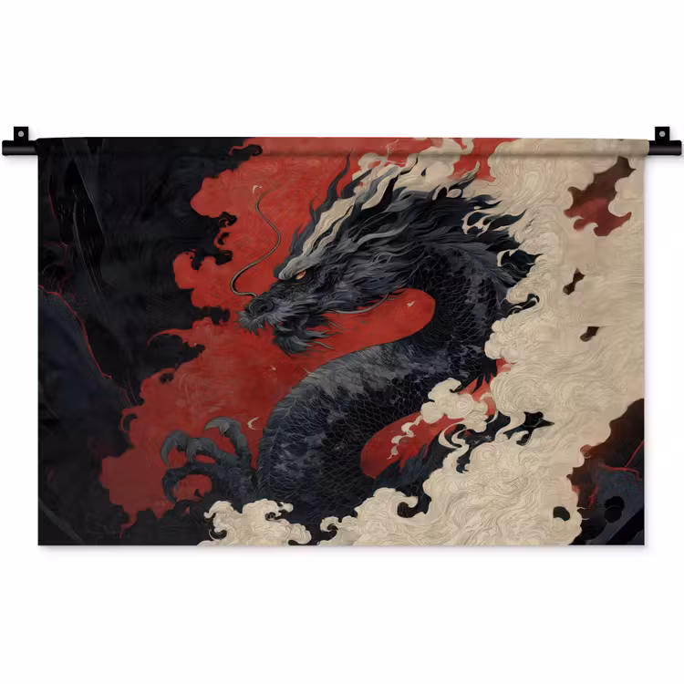 Wandkleed - Zwarte draak - Rookwolken - Rood — 1