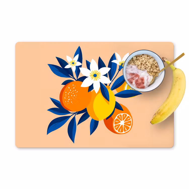 Placemat - 6 stuks - Illustratie - Sinaasappels - Donkerblauw - Bloemen — 1