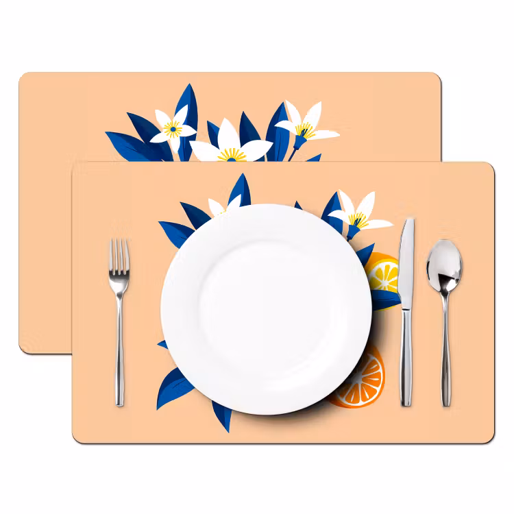 Placemat - 6 stuks - Illustratie - Sinaasappels - Donkerblauw - Bloemen — 2