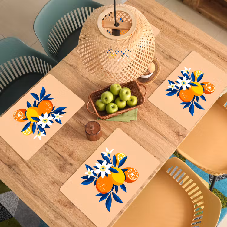 Placemat - 6 stuks - Illustratie - Sinaasappels - Donkerblauw - Bloemen — 6