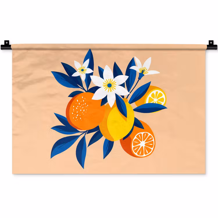 Wandkleed - Illustratie - Sinaasappels - Donkerblauw - Bloemen — 1