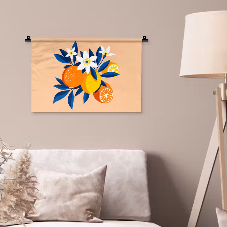Wandkleed - Illustratie - Sinaasappels - Donkerblauw - Bloemen — 2