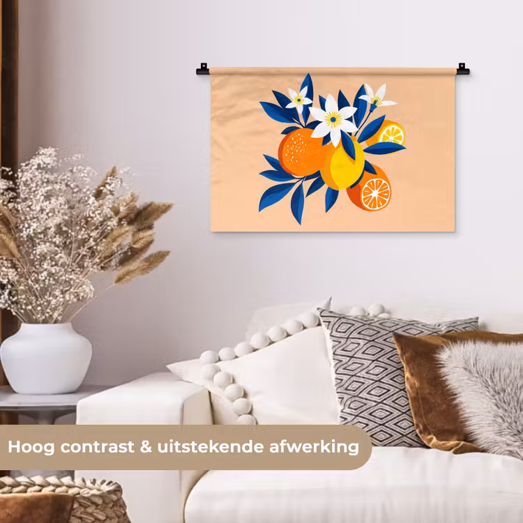 Wandkleed - Illustratie - Sinaasappels - Donkerblauw - Bloemen — 4