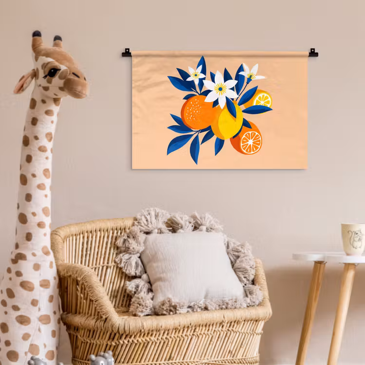 Wandkleed - Illustratie - Sinaasappels - Donkerblauw - Bloemen — 5