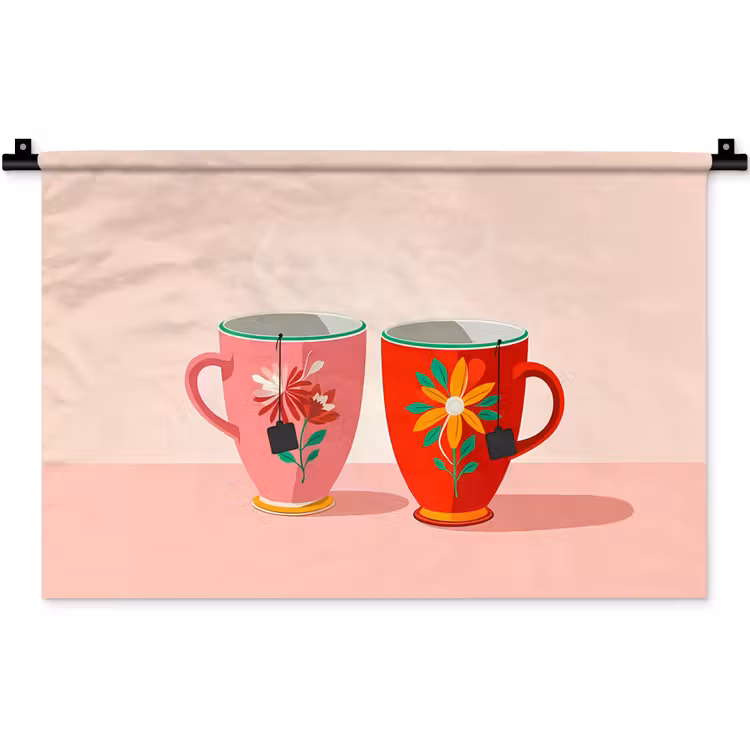 Wandkleed - Theekopjes - Bloemmotieven - Roze - Theezakjes — 1