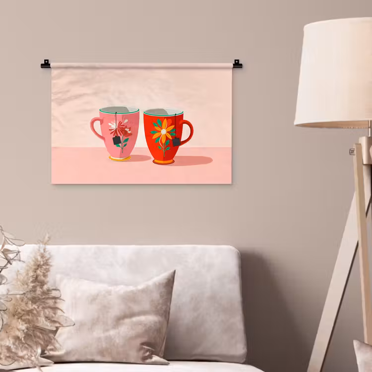 Wandkleed - Theekopjes - Bloemmotieven - Roze - Theezakjes — 2