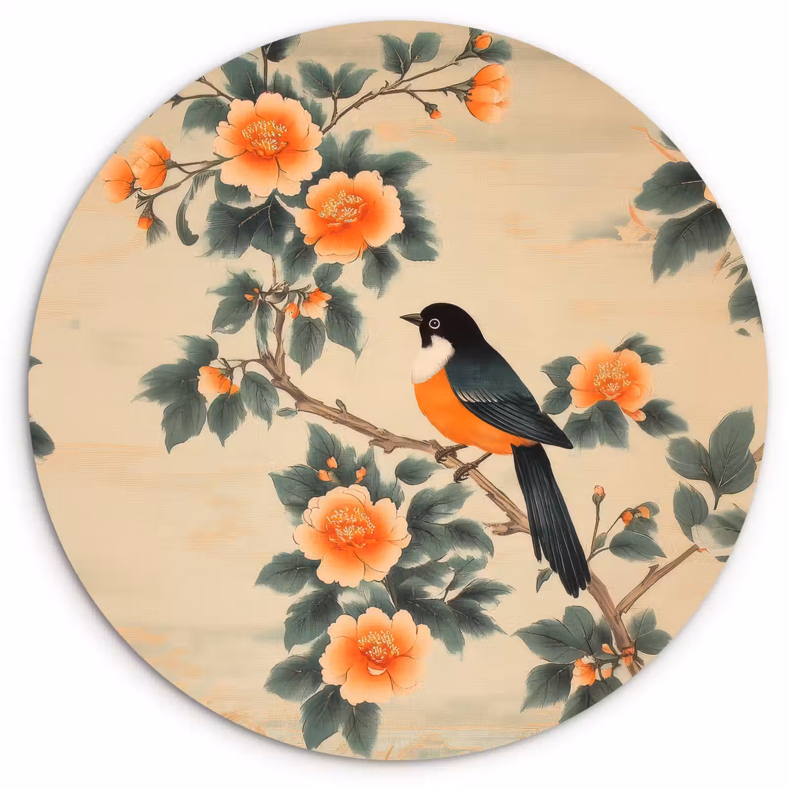 Muurcirkel - Vogel - Tak - Bloemen - Oranje — 1