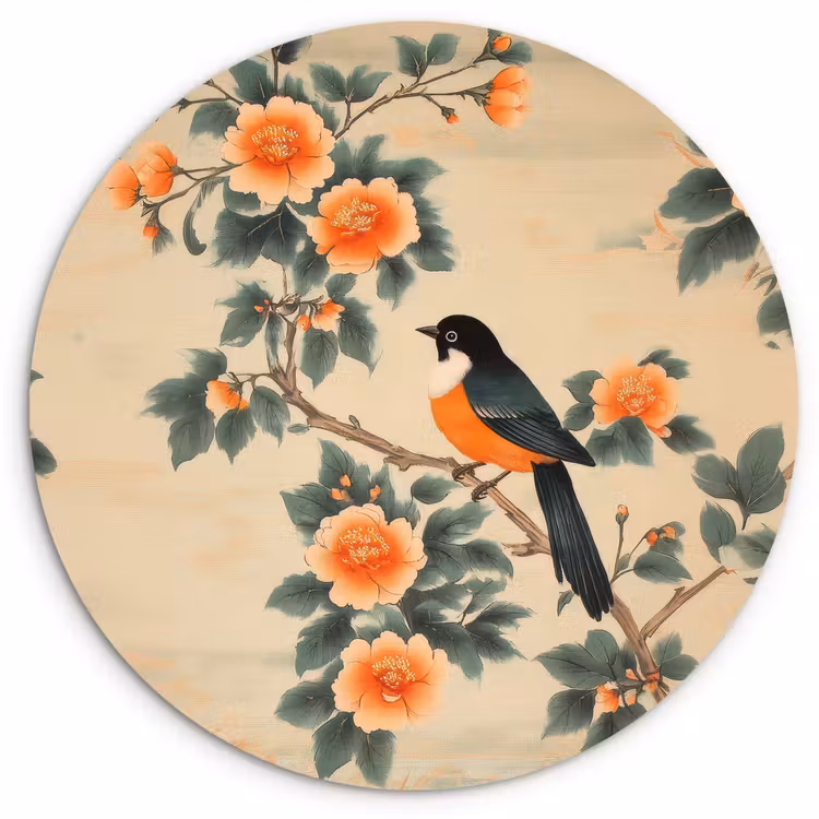 Muurcirkel - Vogel - Tak - Bloemen - Oranje — 1