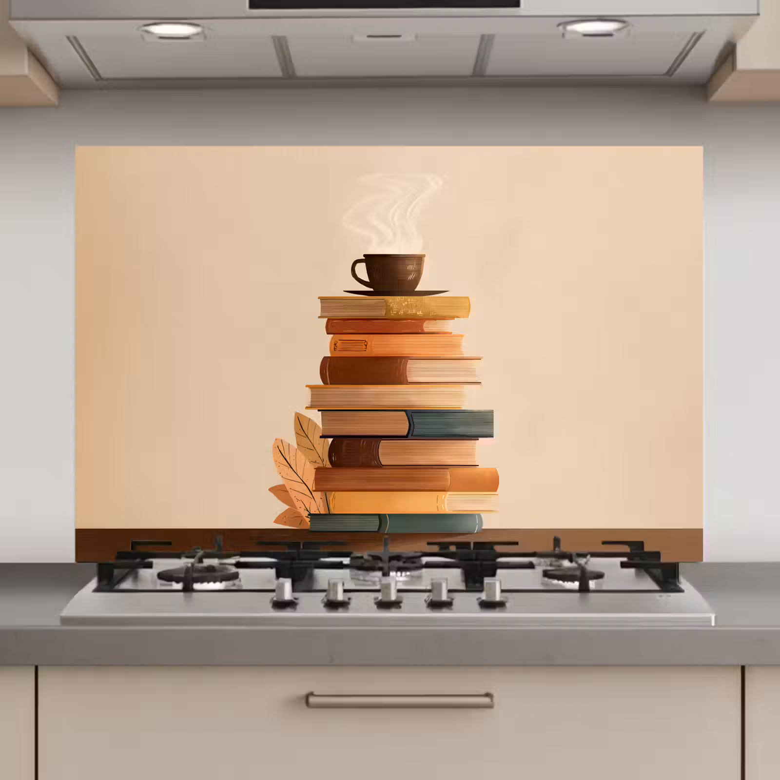 Spatscherm keuken - Boeken - Toren - Koffie - Beige — 1
