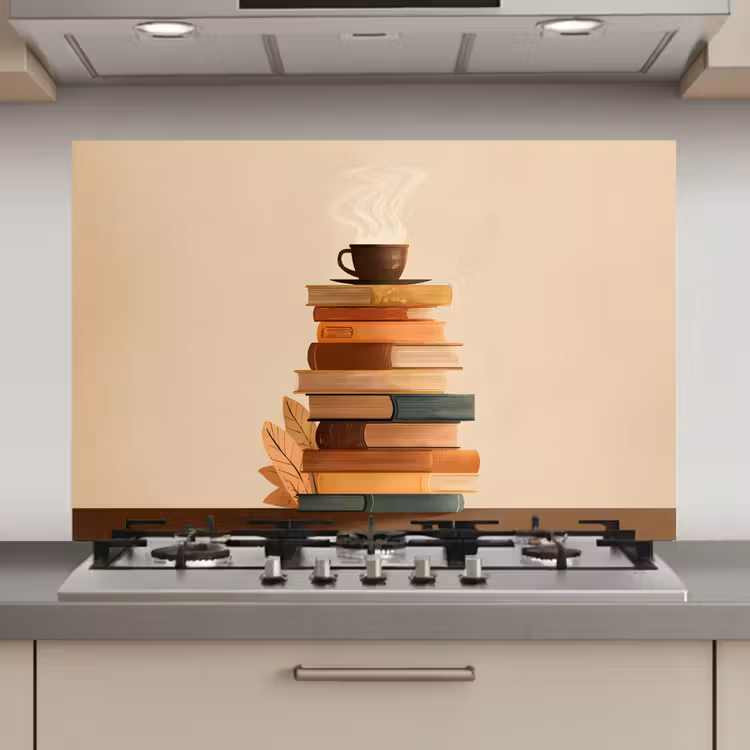 Spatscherm keuken - Boeken - Toren - Koffie - Beige — 1