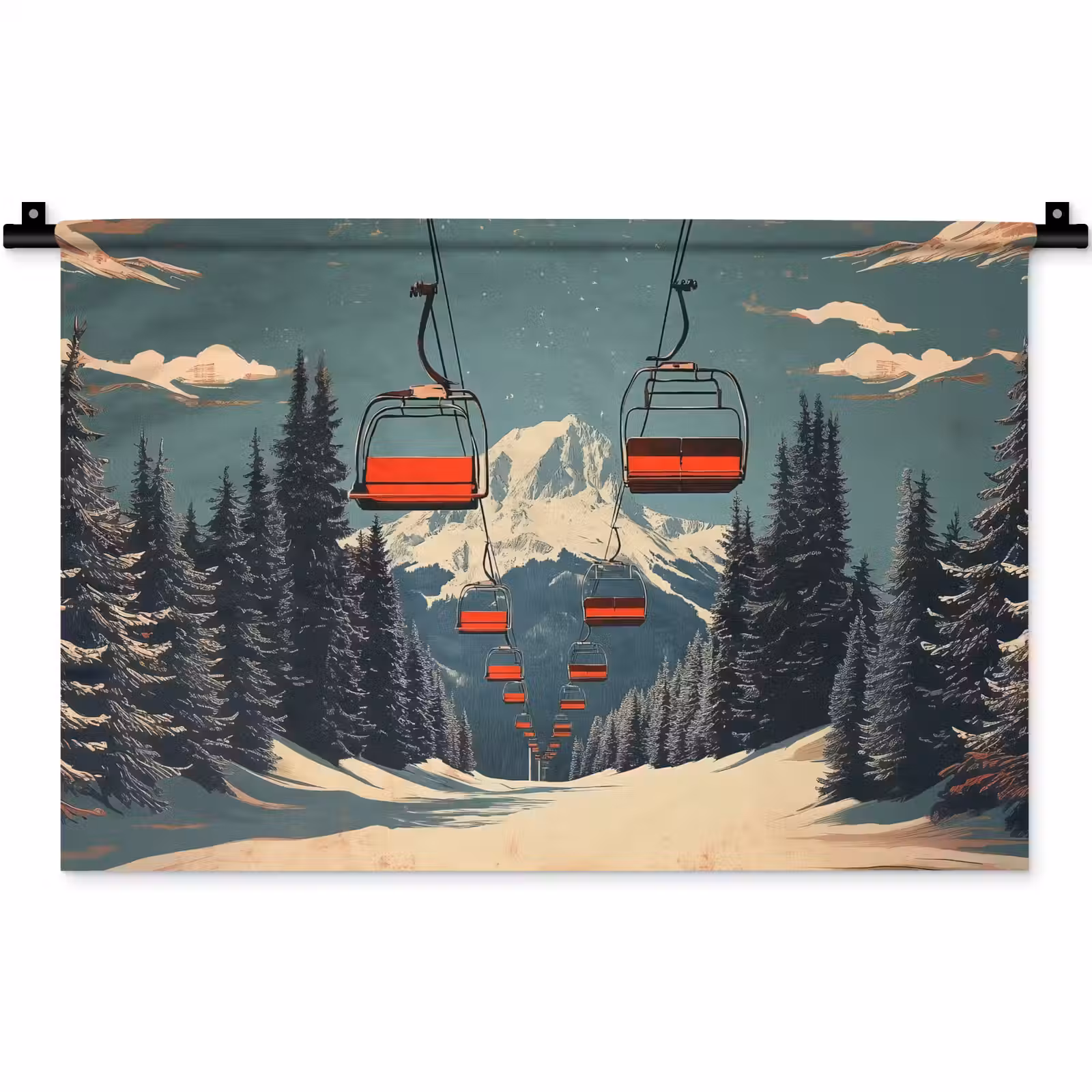 Wandkleed - Sneeuw - Skilift - Rood - Bomen — 1