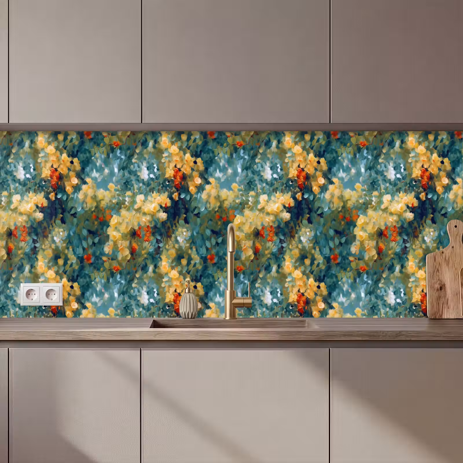 Keuken achterwand - Geel - Bloemen - Groen - Bladeren — 1