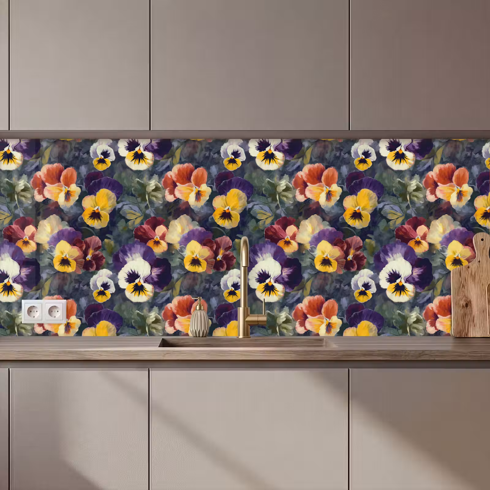 Keuken achterwand - Viooltjes - Paars - Geel - Groen — 1