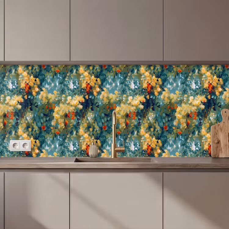 Keuken achterwand - Geel - Bloemen - Groen - Bladeren — 1