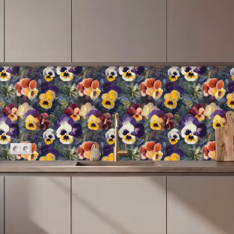 Keuken achterwand - Viooltjes - Paars - Geel - Groen — 1