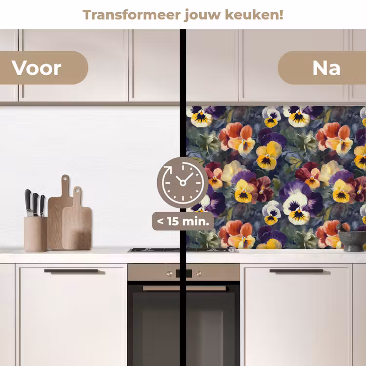 Keuken achterwand - Viooltjes - Paars - Geel - Groen — 2