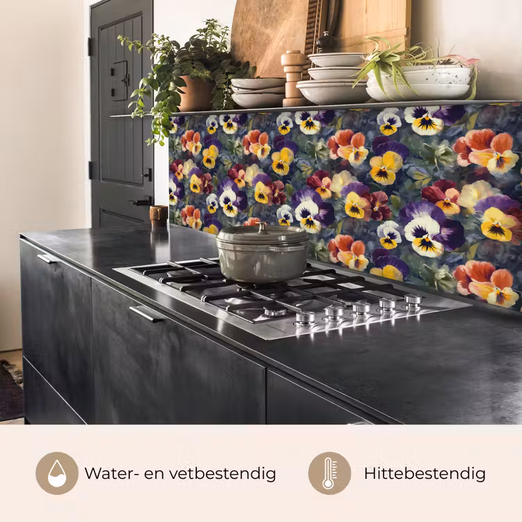 Keuken achterwand - Viooltjes - Paars - Geel - Groen — 3