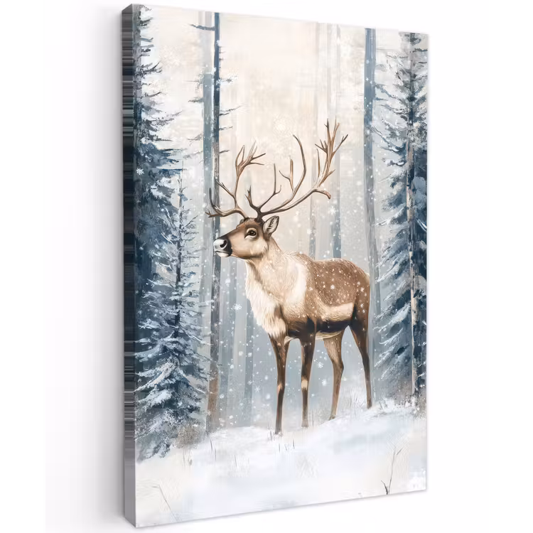 Buiten canvas - Rendier - Sneeuw - Woud - Wit — 1