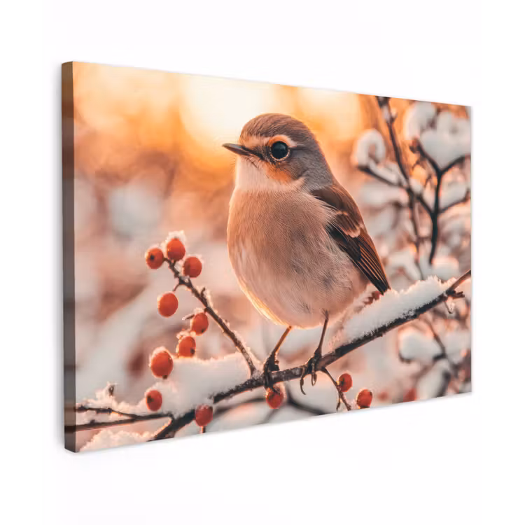 Buiten canvas - Vogel - Tak - Winter - Dieren - Sneeuw — 1