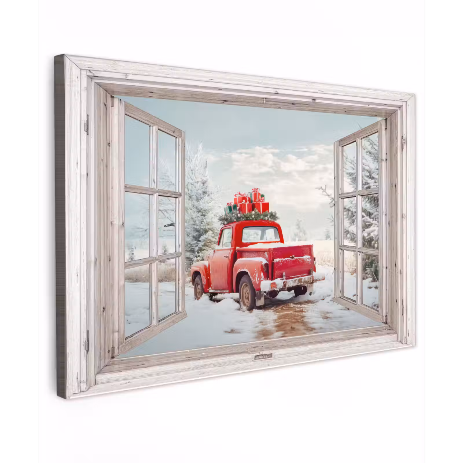 Buiten canvas - Auto - Rood - Cadeaus - Winter - Kerst - Doorkijk - Wit — 1
