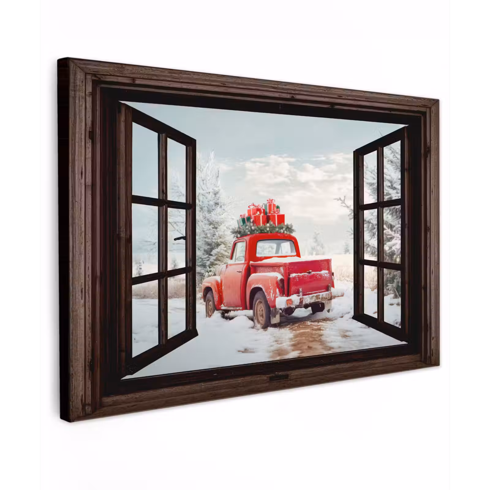 Buiten canvas - Doorkijk - Auto - Rood - Cadeaus - Winterlandschap - Kerst — 1
