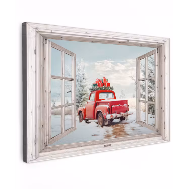 Buiten canvas - Auto - Rood - Cadeaus - Winter - Kerst - Doorkijk - Wit — 1