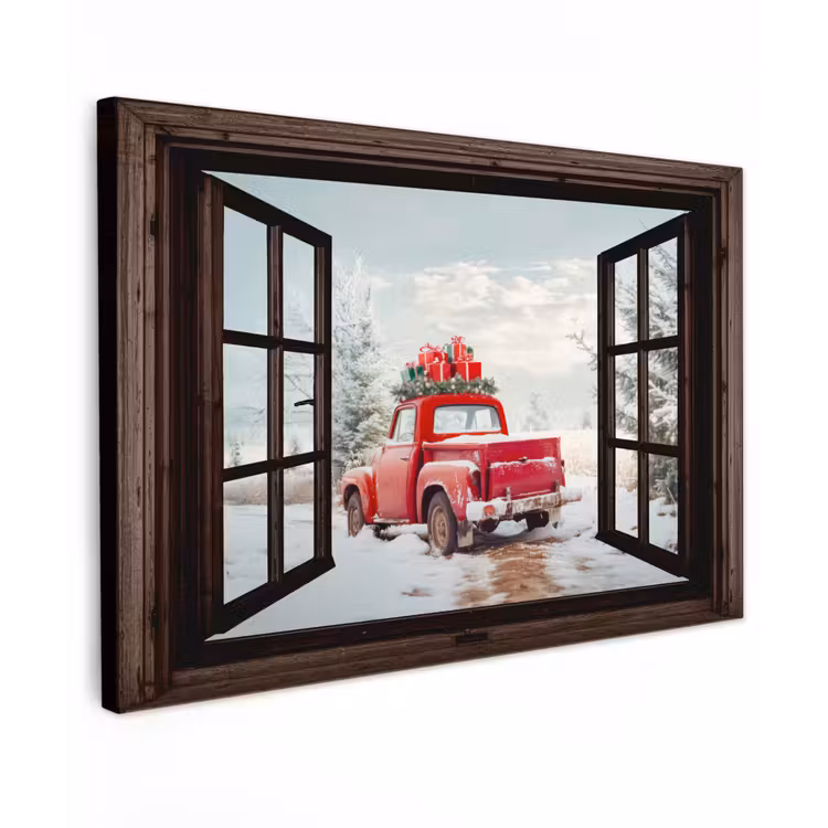 Buiten canvas - Doorkijk - Auto - Rood - Cadeaus - Winterlandschap - Kerst — 1