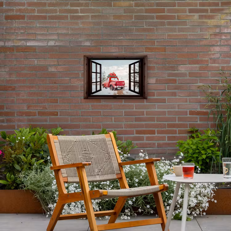 Buiten canvas - Doorkijk - Auto - Rood - Cadeaus - Winterlandschap - Kerst — 2