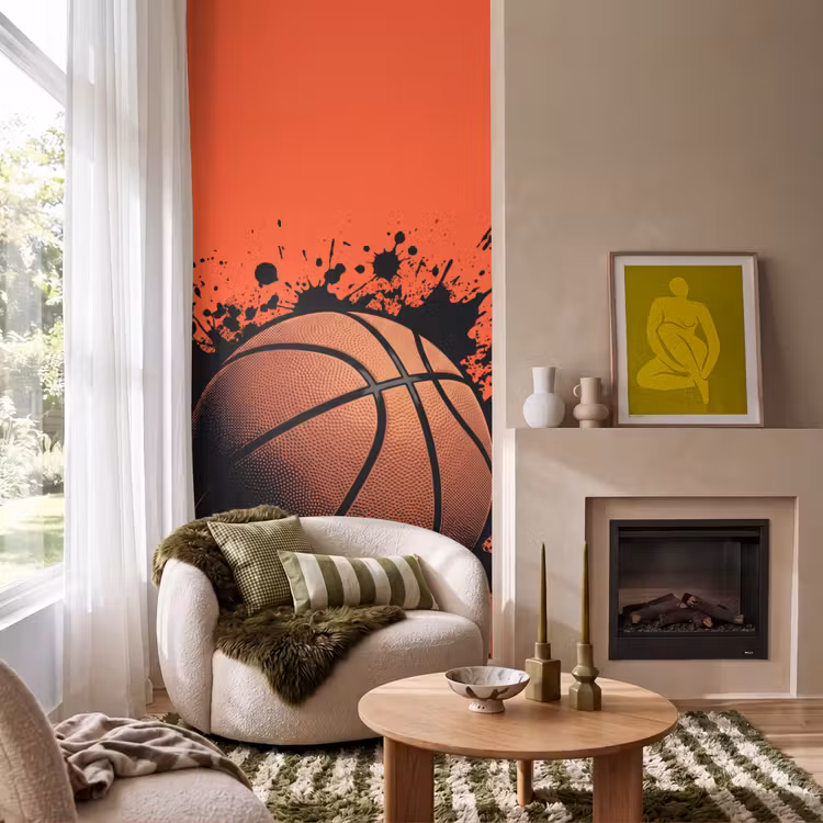 Behang - Basketbal Zwarte Verfspetters Oranje