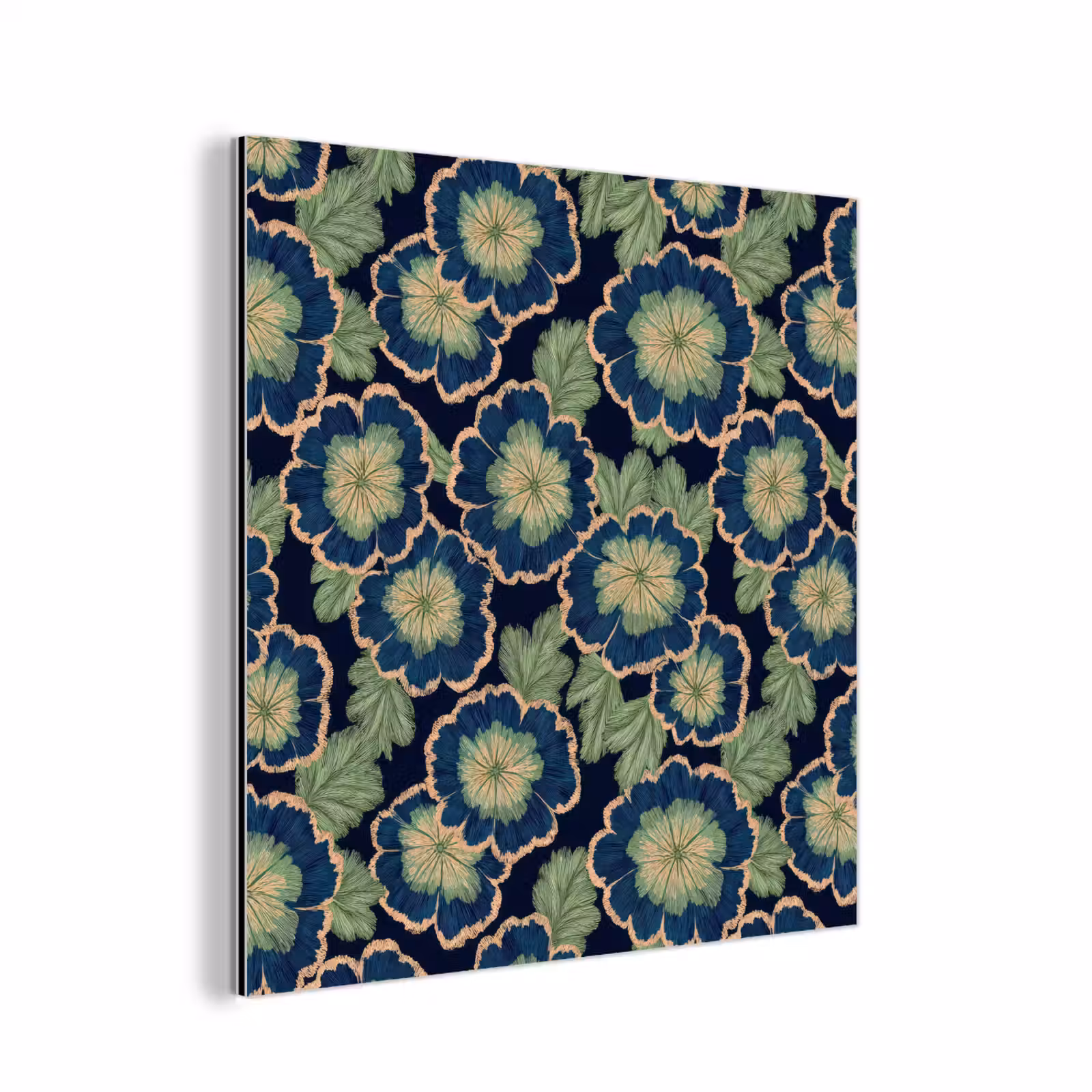 Aluminium schilderij - Bloemen - Borduurwerk - Patroon - Blauw - Groen — 1