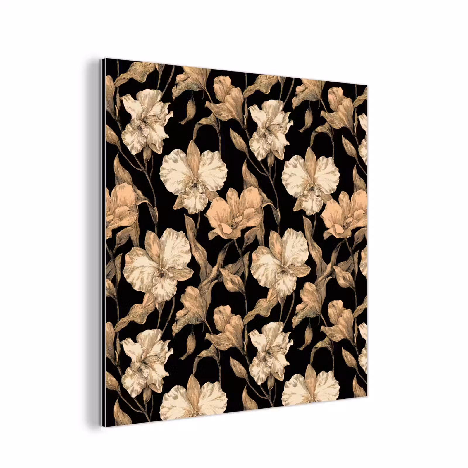 Aluminium schilderij - Orchideeën - Lijntekening - Patroon - Beige - Zwart — 1