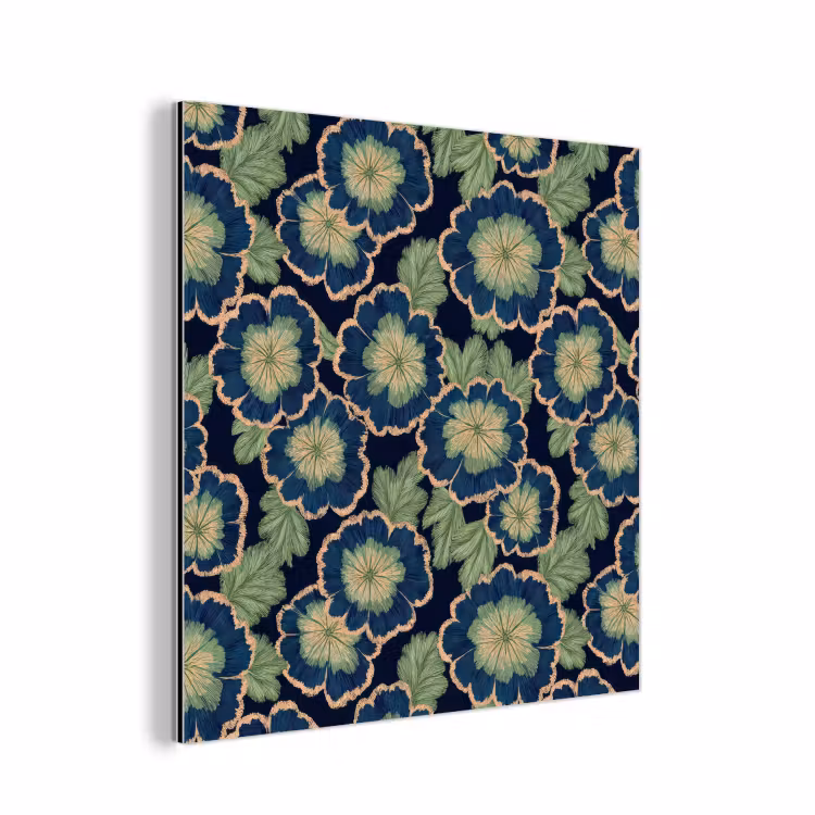 Aluminium schilderij - Bloemen - Borduurwerk - Patroon - Blauw - Groen — 1