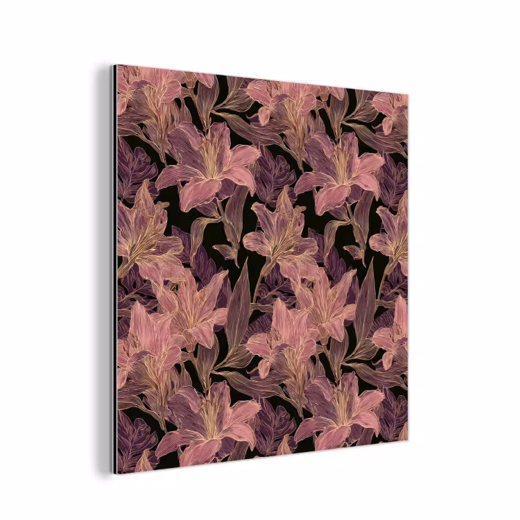 Aluminium schilderij - Lelies - Patroon - Paars - Goud — 1