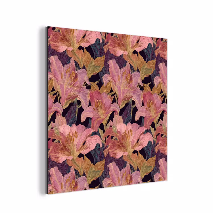 Aluminium schilderij - Lelies - Patroon - Roze - Goud — 1