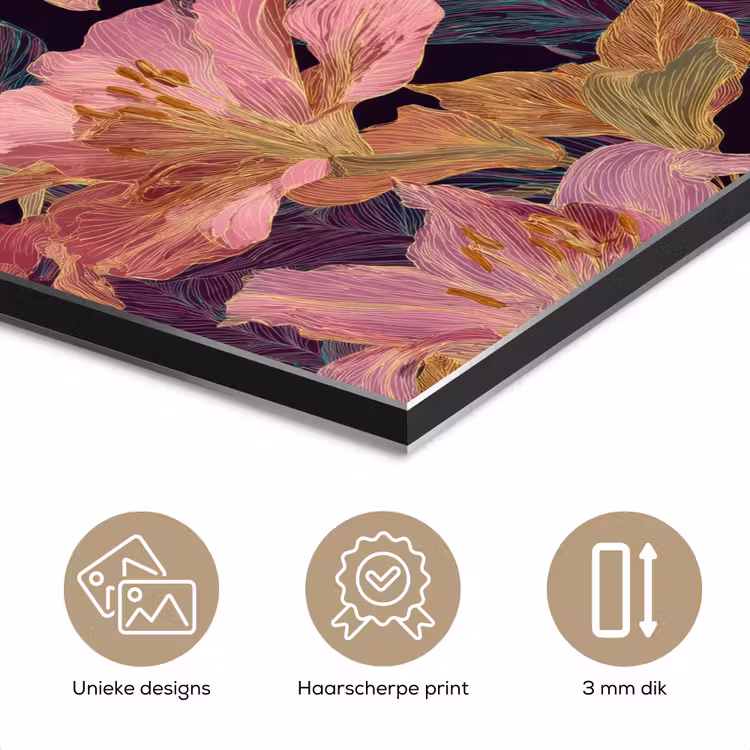 Aluminium schilderij - Lelies - Patroon - Roze - Goud — 7