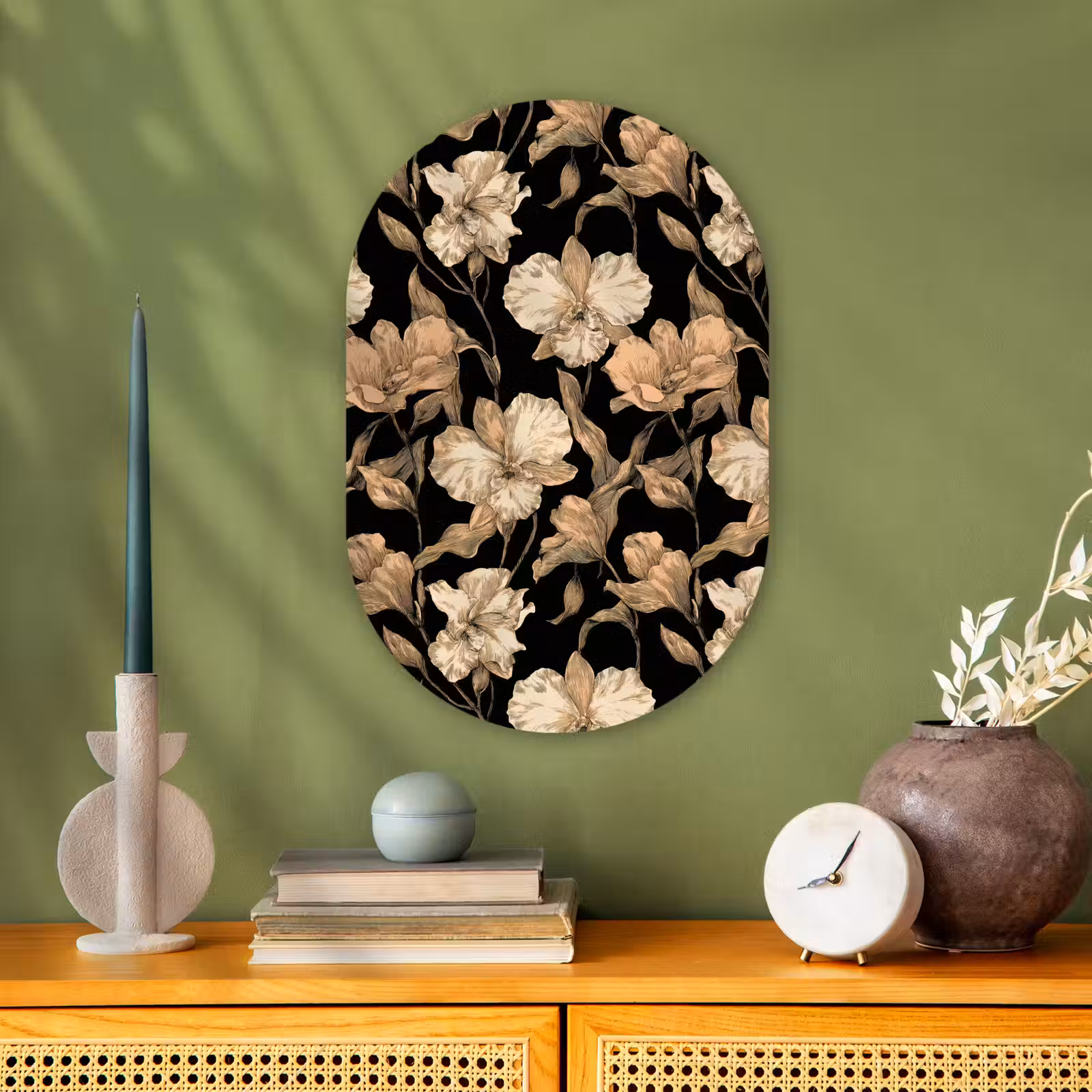 Muurovaal - Kunststof - Orchideeën - Lijntekening - Patroon - Beige - Zwart — 1