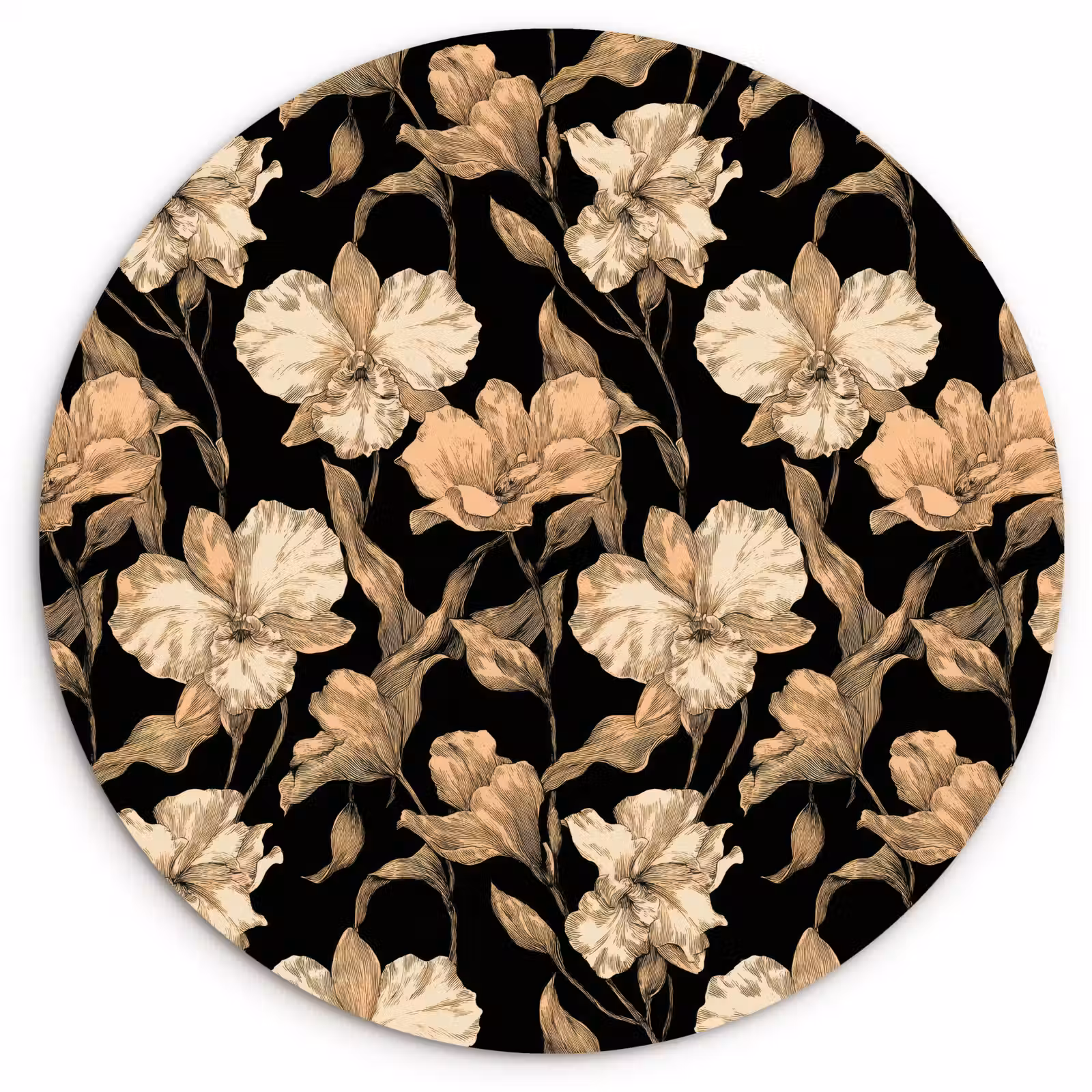 Muurcirkel - Orchideeën - Lijntekening - Patroon - Beige - Zwart — 1