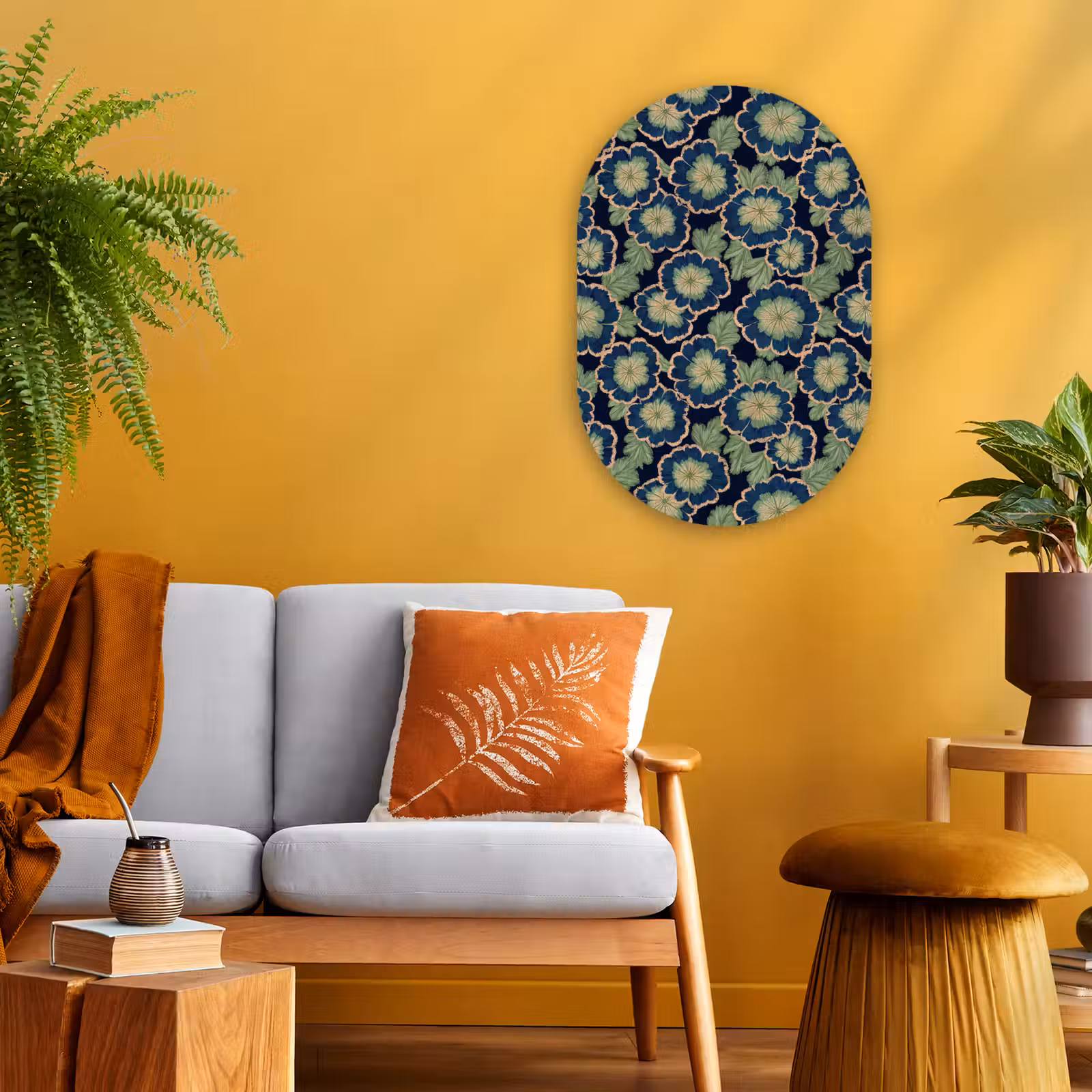 Muurovaal - Kunststof - Bloemen - Borduurwerk - Patroon - Blauw - Groen — 1
