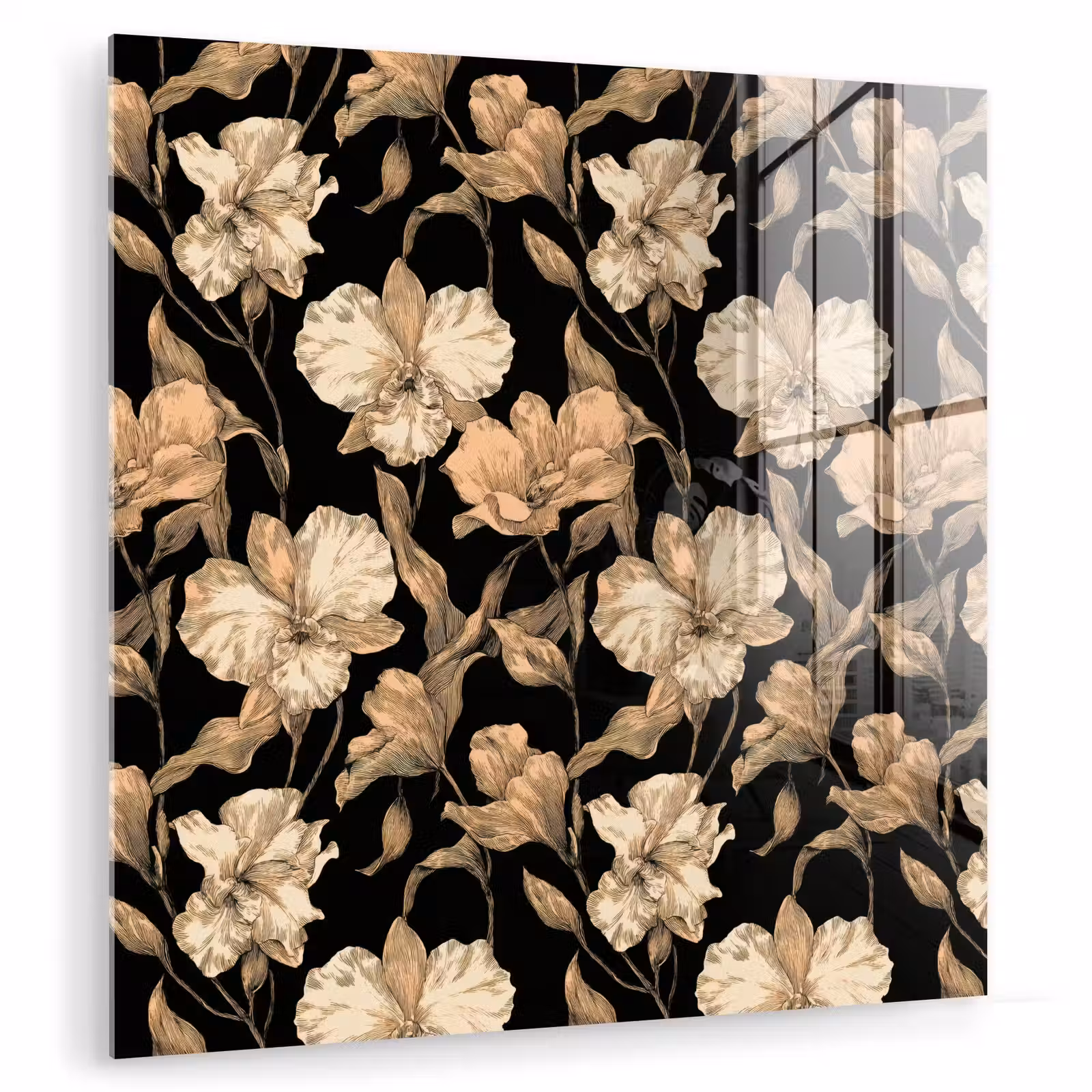 Glas schilderij - Orchideeën - Lijntekening - Patroon - Beige - Zwart — 1