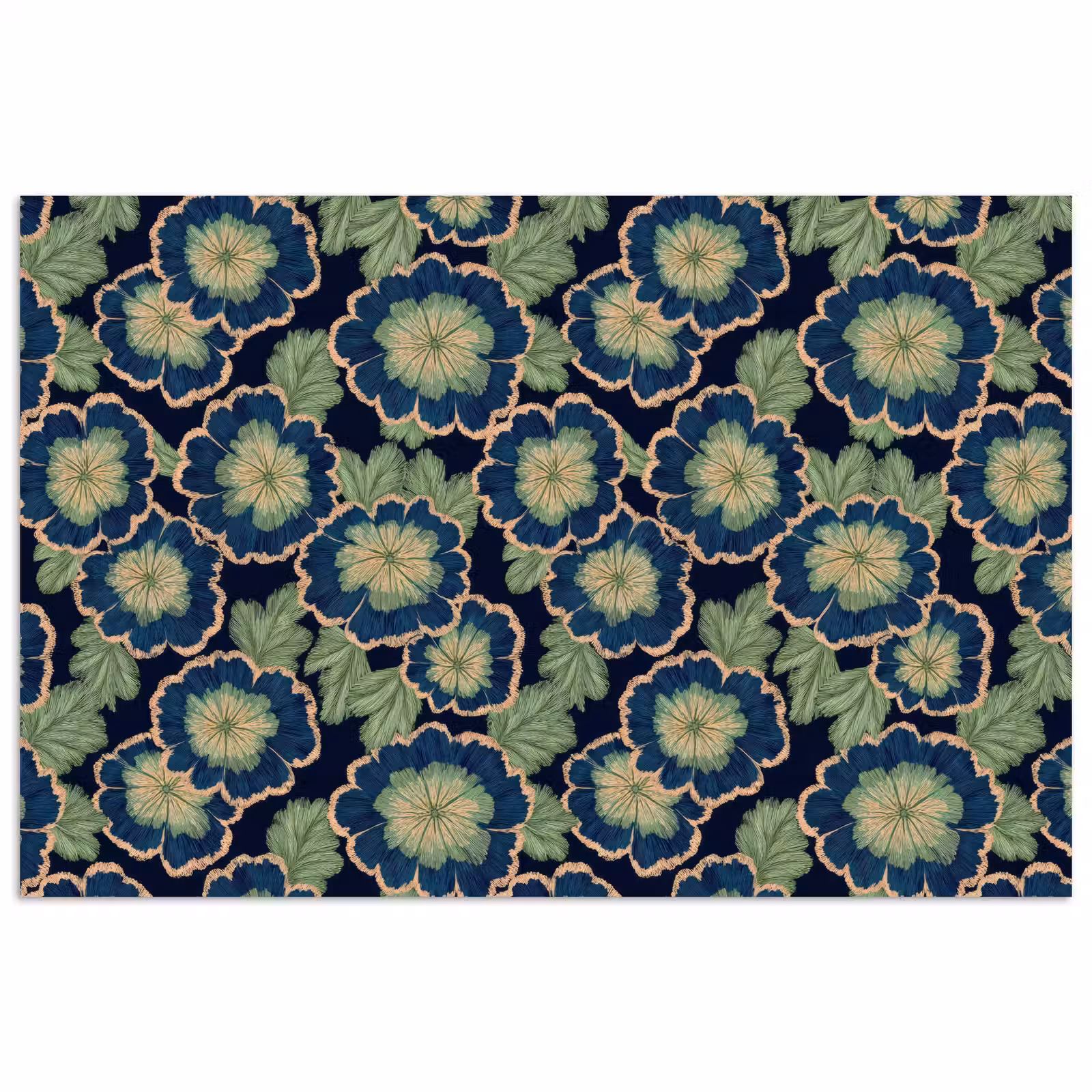 Poster - Bloemen - Borduurwerk - Patroon - Blauw - Groen — 1
