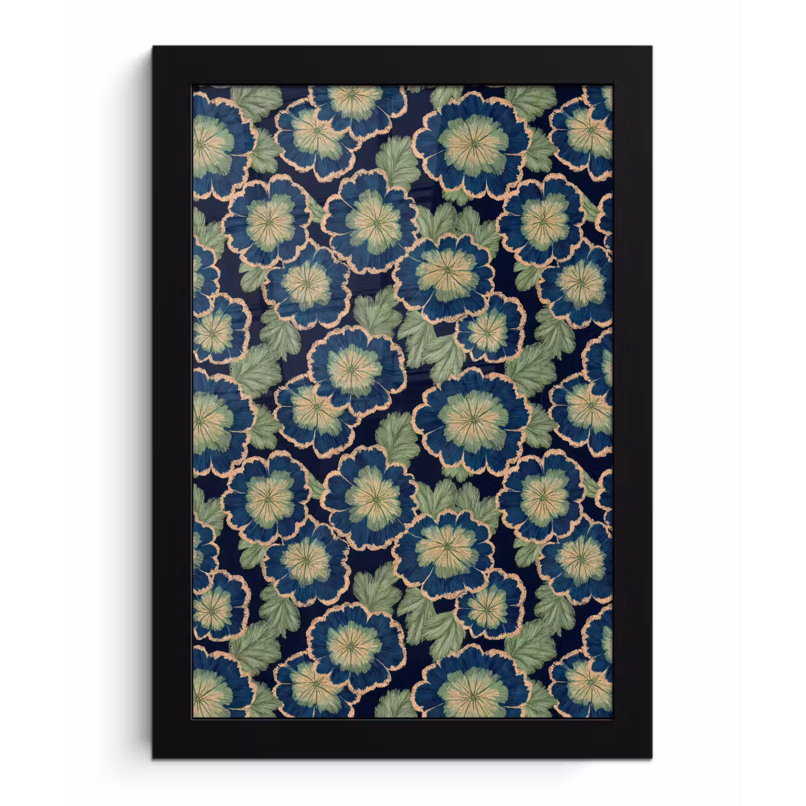 Poster met lijst - Bloemen - Borduurwerk - Patroon - Blauw - Groen — 1
