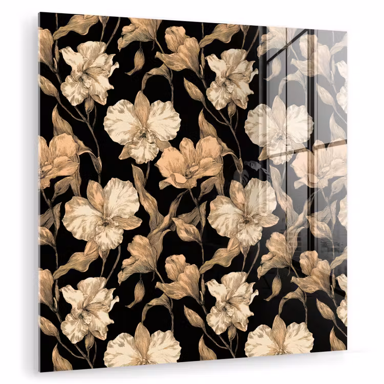 Glas schilderij - Orchideeën - Lijntekening - Patroon - Beige - Zwart — 1