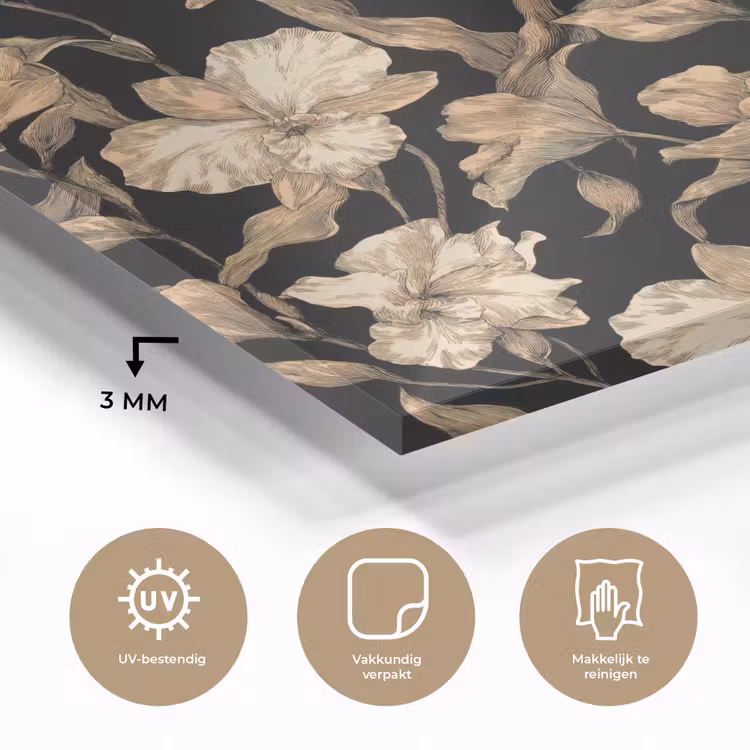 Glas schilderij - Orchideeën - Lijntekening - Patroon - Beige - Zwart — 3