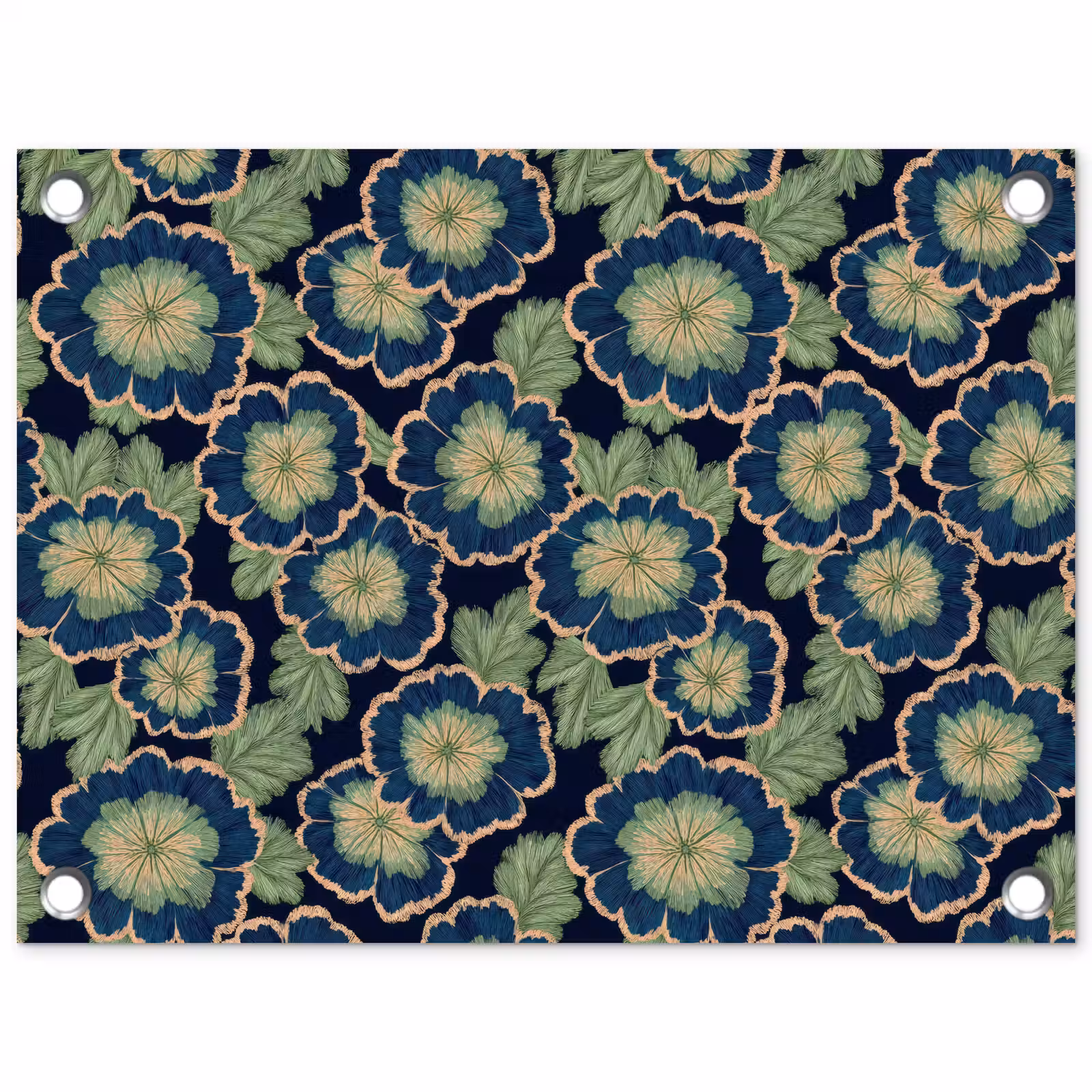 Tuinposter - Bloemen - Borduurwerk - Patroon - Blauw - Groen — 1