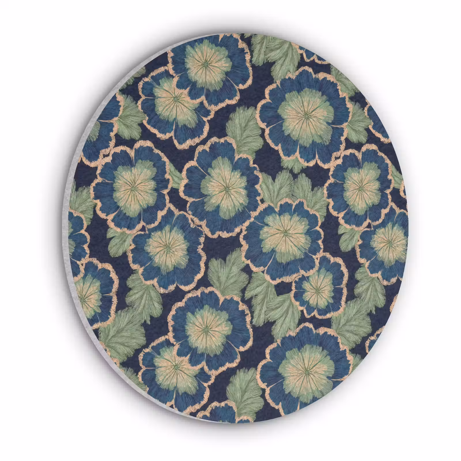 Akoestisch schilderij rond - Bloemen - Borduurwerk - Patroon - Blauw - Groen — 1