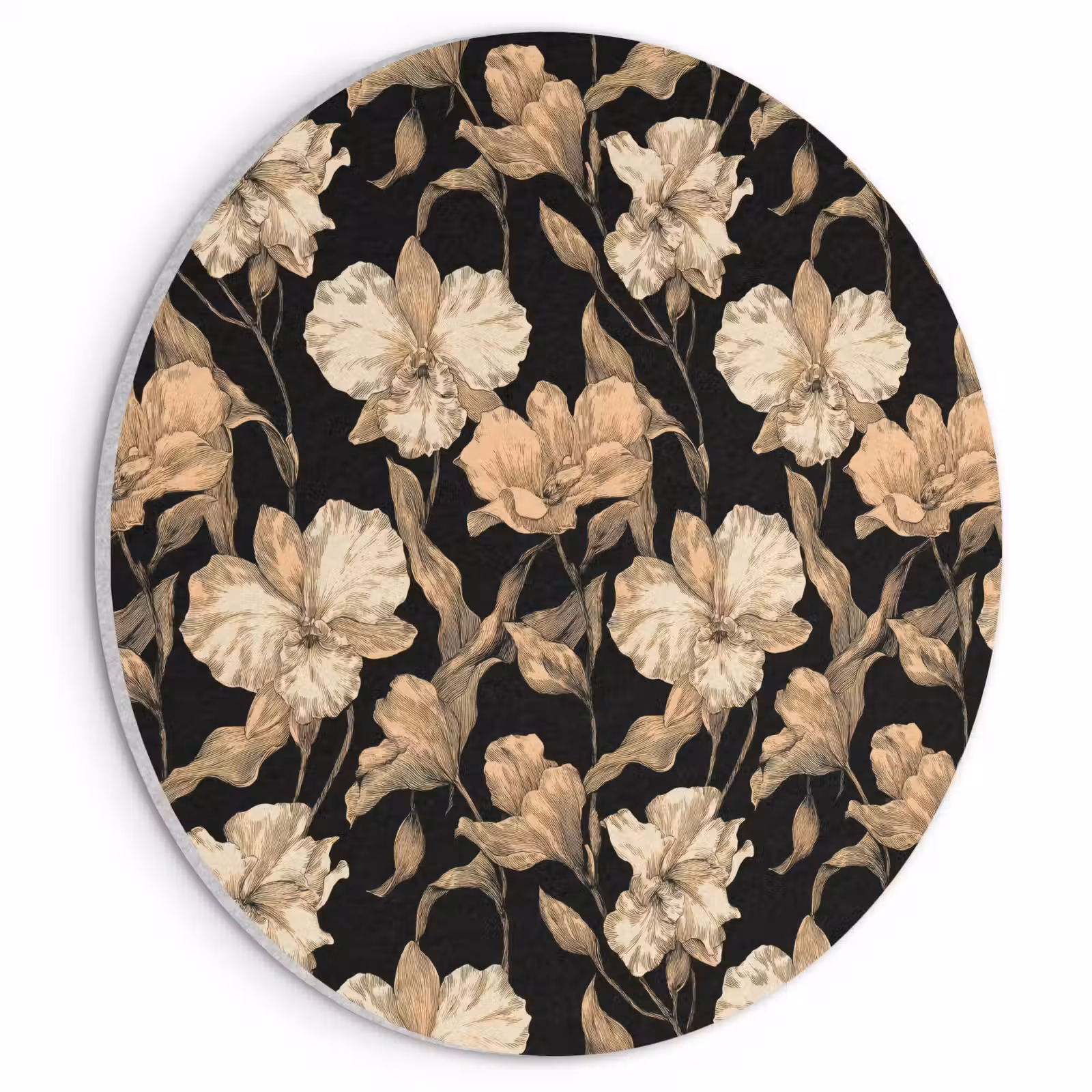 Akoestisch schilderij rond - Orchideeën - Lijntekening - Patroon - Beige - Zwart — 1