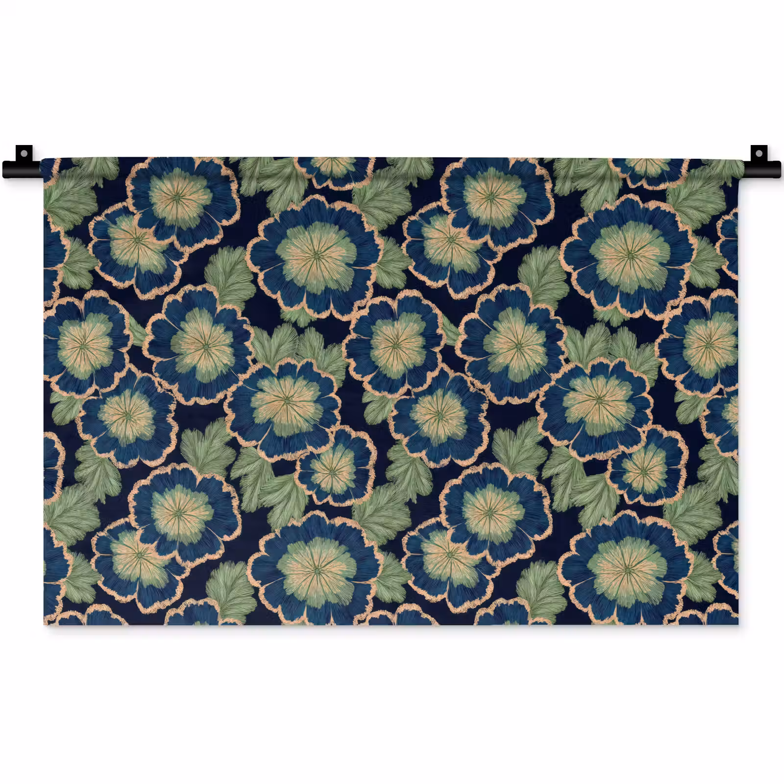 Wandkleed - Bloemen - Borduurwerk - Patroon - Blauw - Groen — 1
