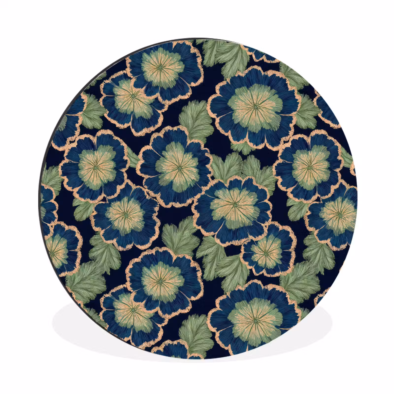 Wandcirkel - Aluminium - Bloemen - Borduurwerk - Patroon - Blauw - Groen — 1